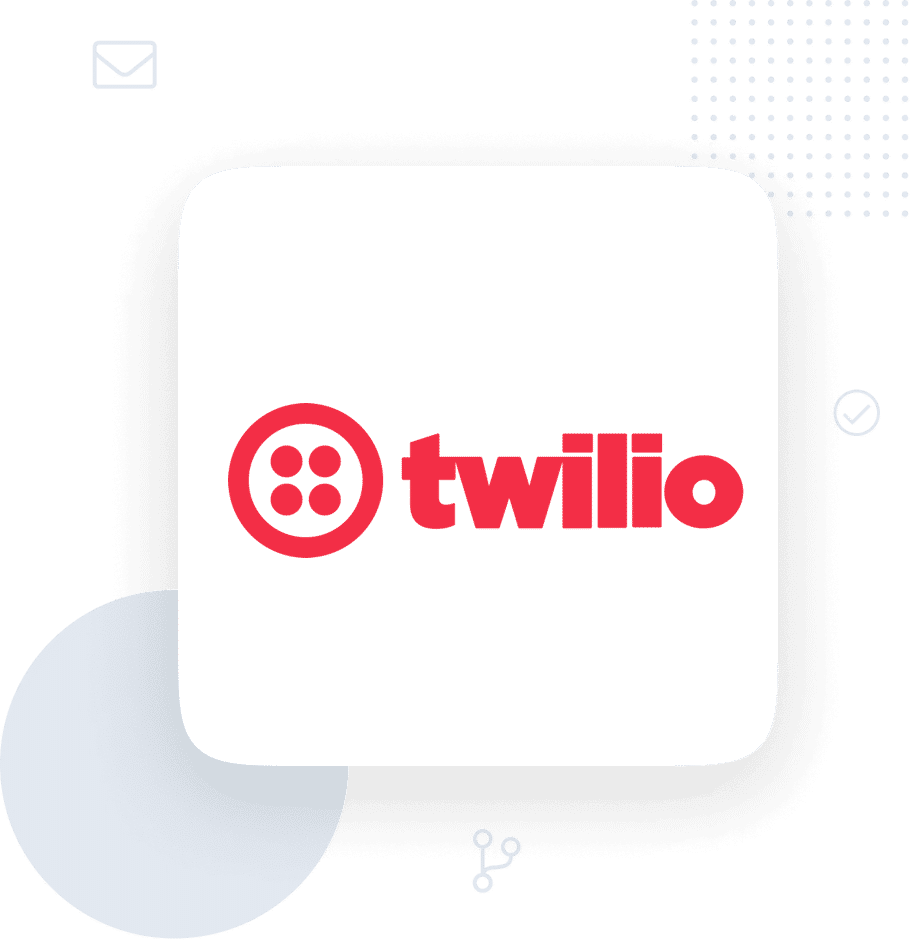 illustration-hero-twilio-sendgrid - WP Mail SMTP O logótipo da Twilio exibido num quadrado arredondado branco sobre um fundo decorativo verde, com formas geométricas e ícones ao redor.