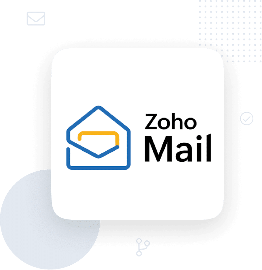 Logótipo do Zoho Mail num quadrado arredondado branco com um fundo decorativo verde.