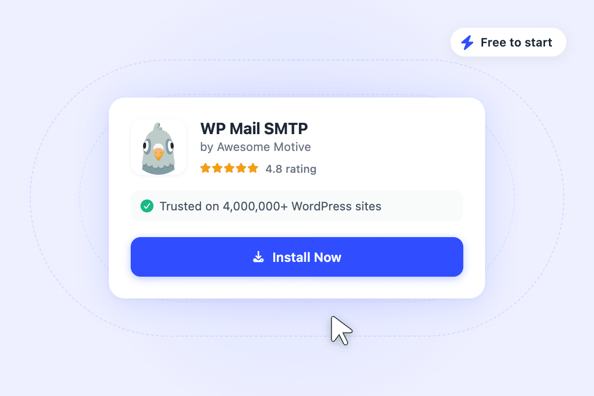 mailjet-step1-install2x - WP Mail SMTP Promotional card for WP Mail SMTP by Awesome Motive with logo, 4.8 stars, trust badge and 'Install Now' button.
