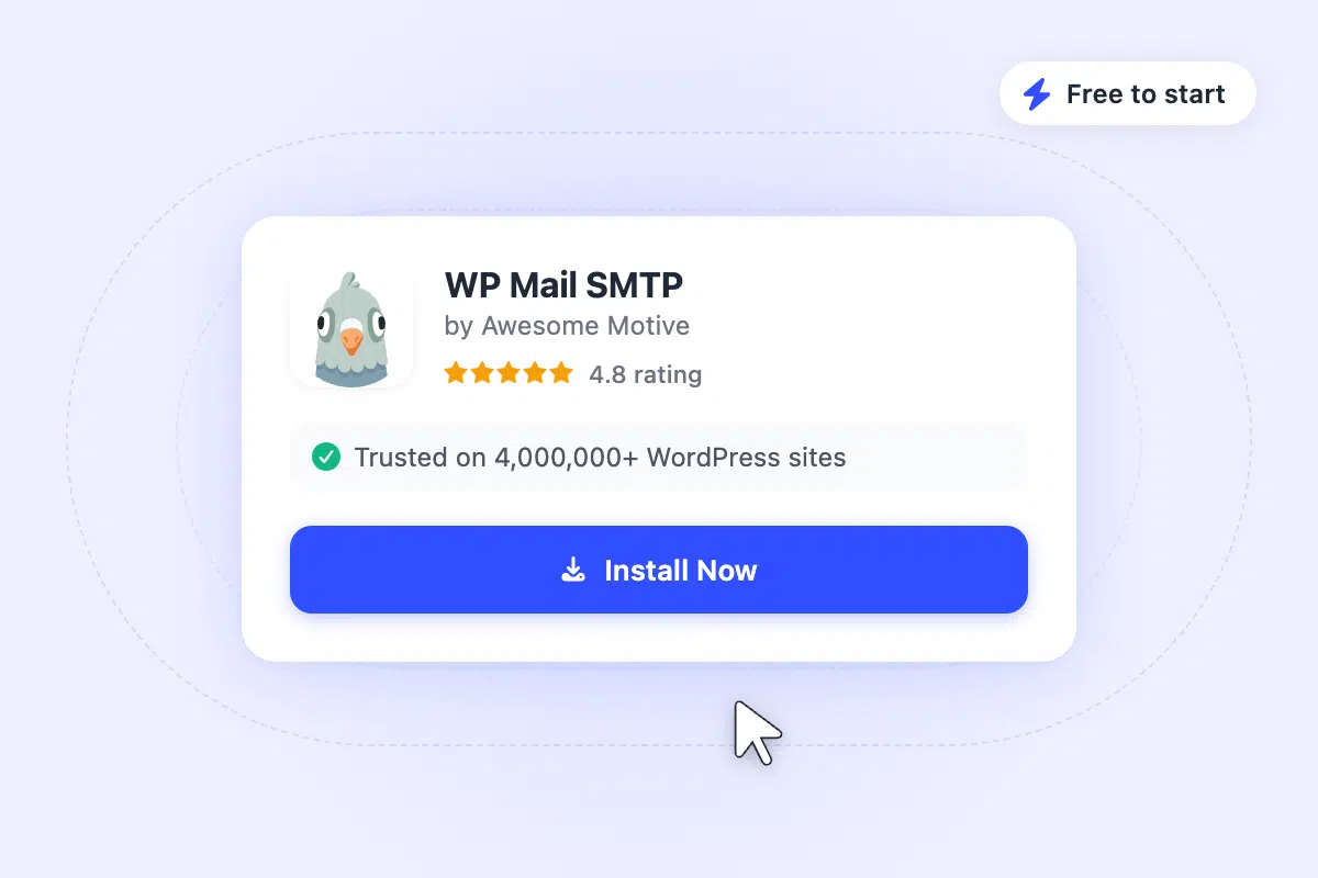 Promotional card for WP Mail SMTP by Awesome Motive with logo, 4.8 stars, trust badge and'Install Now' button.
