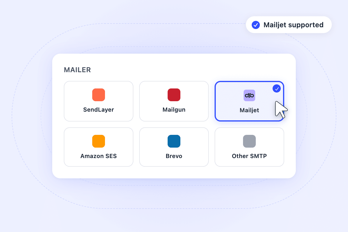 mailjet-step2-choose2x - WP Mail SMTP UI panel labeled MAILER showing six rounded tiles for providers: SendLayer, Mailgun, Mailjet (selected with blue border), Amazon SES, Brevo, and Other SMTP; a cursor points at Mailjet; top-right badge reads 'Mailjet supported'.