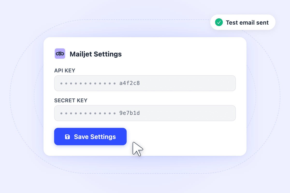mailjet-step3-connect2x - WP Mail SMTP Mailjet Settings panel with masked API and Secret keys and a Save Settings button, cursor hovering nearby. (informational)