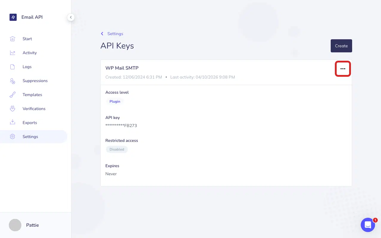 Click the three-dot menu icon next to your API key