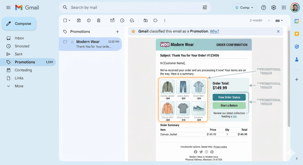 Screenshot of Gmail inbox showing a 'Promotions' email with an order confirmation from Modern Wear, including item thumbnails and order total.