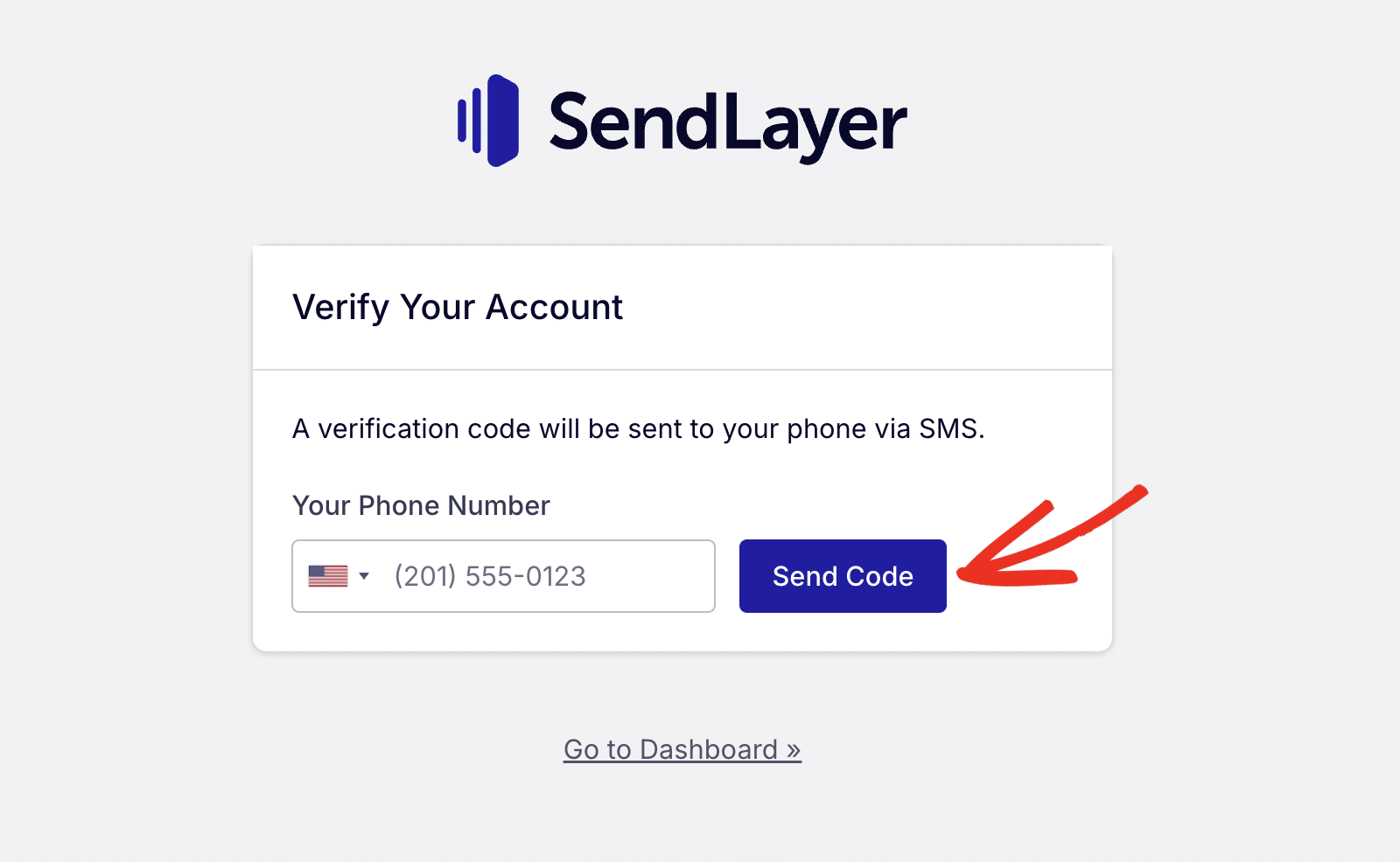 Janela modal SendLayer : «Verifique a sua conta», com um formulário de verificação por telefone, bandeira do país, campo de introdução para (201) 555-0123 e um botão azul «Enviar código».