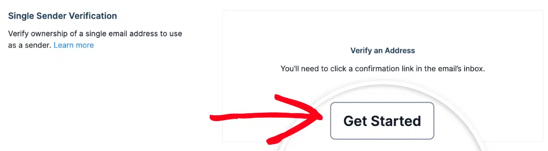 Single Sender Get Started button in SendGrid