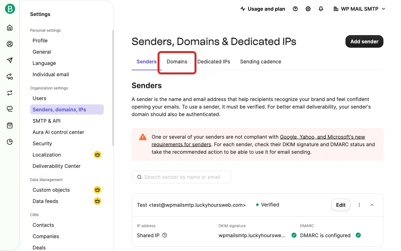 Click the Domains tab