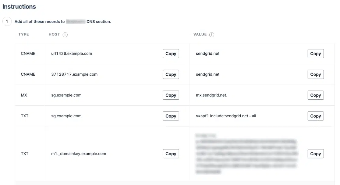 DNS records to add for SendGrid Domain Authentication