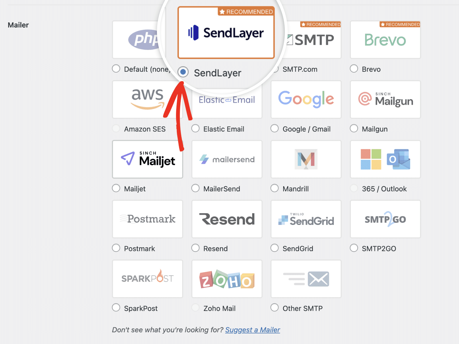 Selecionar o mailer SendLayer