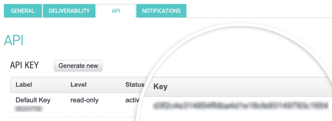 API-Schlüssel in der Spalte „Schlüssel“ auf der Registerkarte „API“