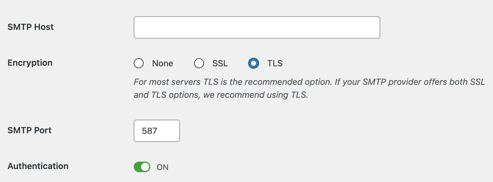 Other SMTP settings fields