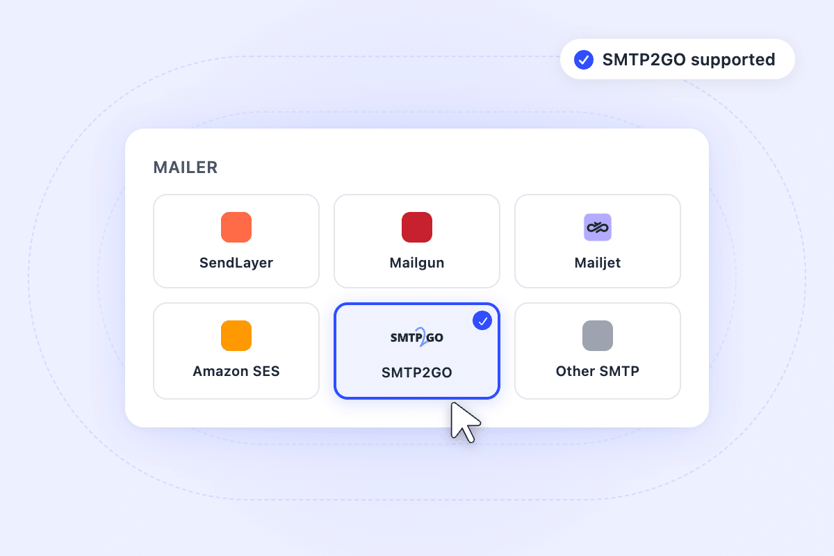 smtp2go-step2-choose2x - WP Mail SMTP Mailer picker card with six options; SMTP2GO is selected (blue outline and check).