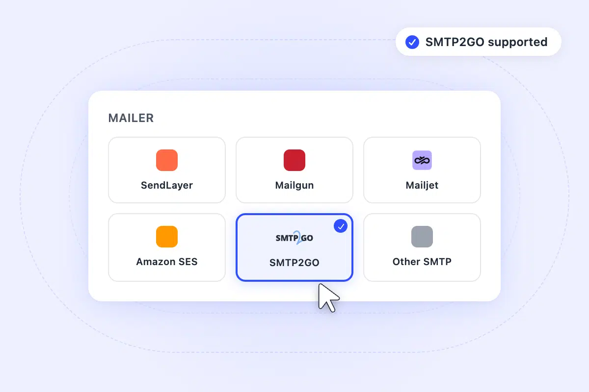 Mailer picker card with six options; SMTP2GO is selected (blue outline and check).