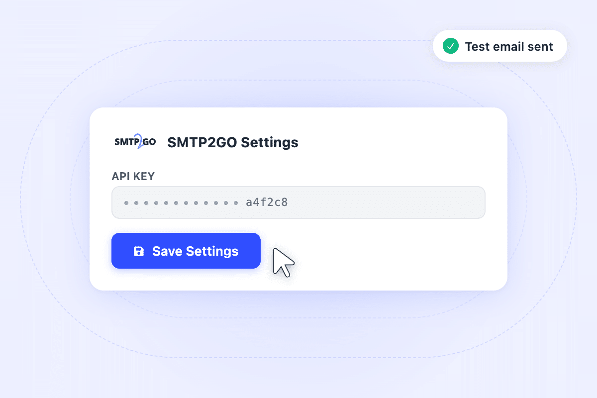 smtp2go-step3-connect2x - WP Mail SMTP SMTP2GO Settings dialog with masked API key and a blue Save Settings button; cursor on button.