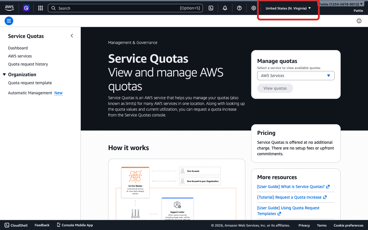 Haz clic en el menú desplegable «Región» en «Cuotas de servicio de Amazon»