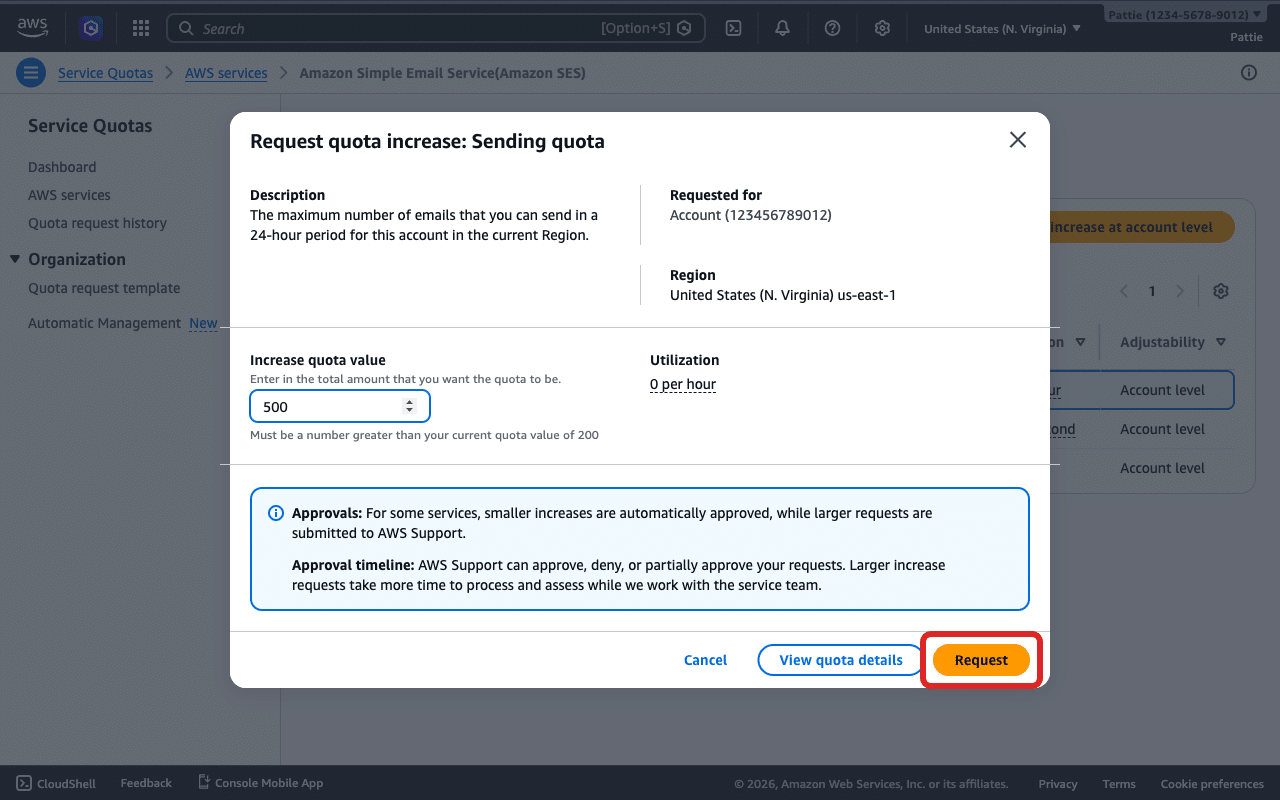 Haga clic en «Solicitar» para enviar la solicitud de aumento de cuota
