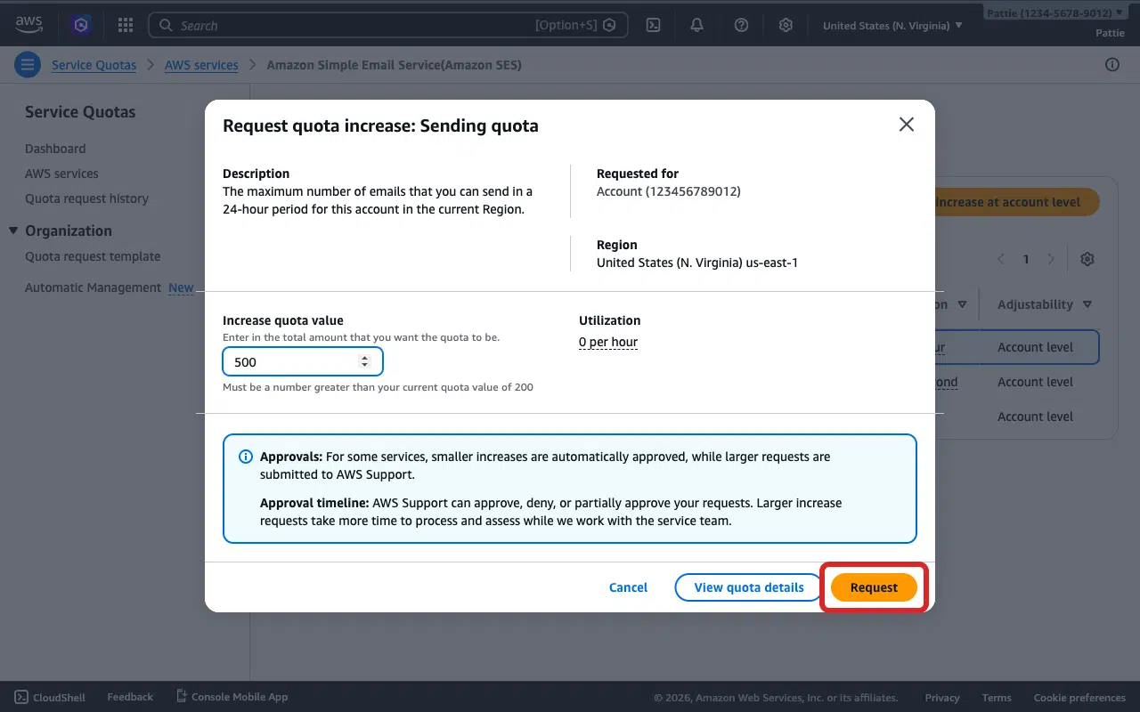 Click Request to submit the quota increase