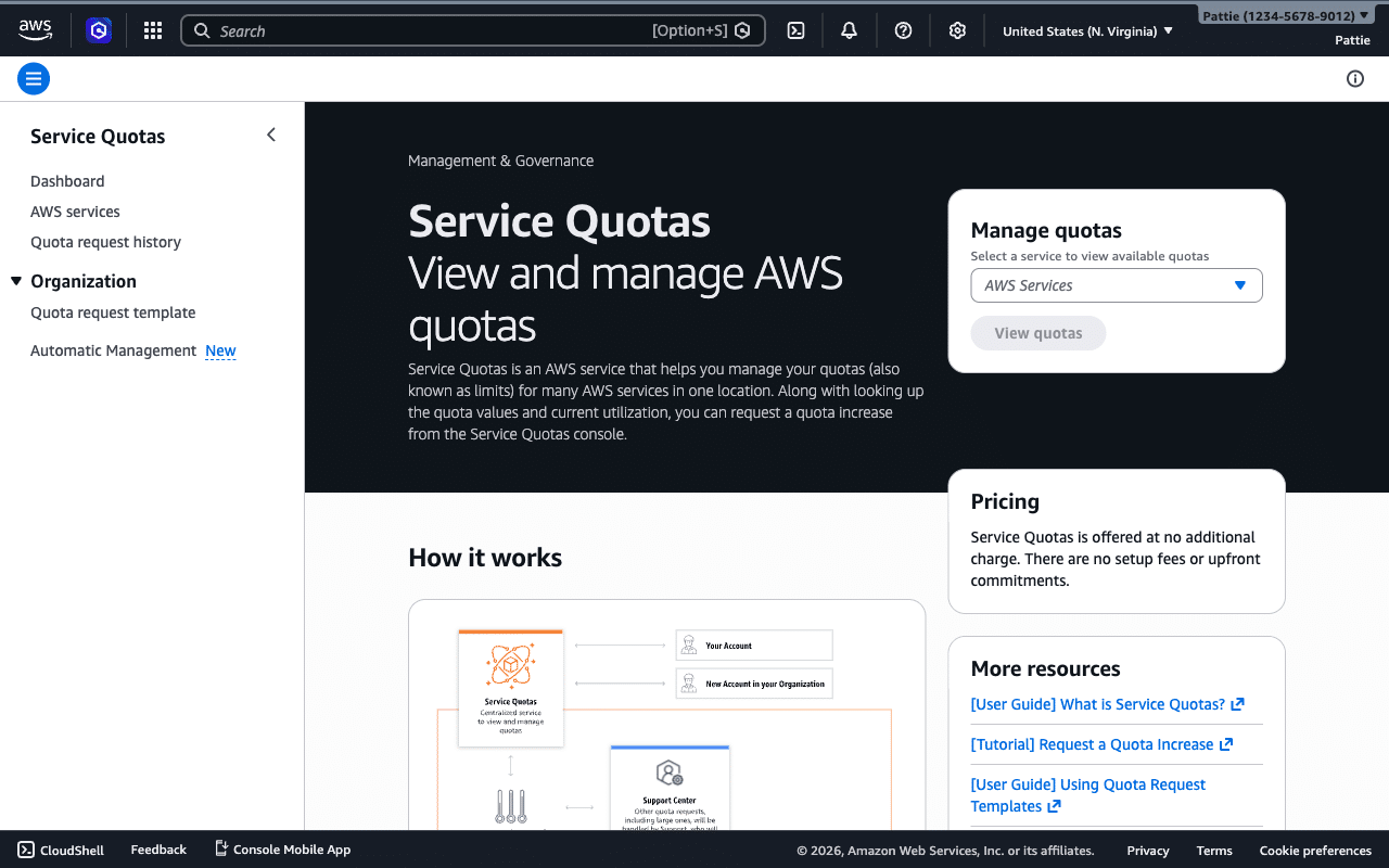 Panel de control de cuotas de servicios de Amazon