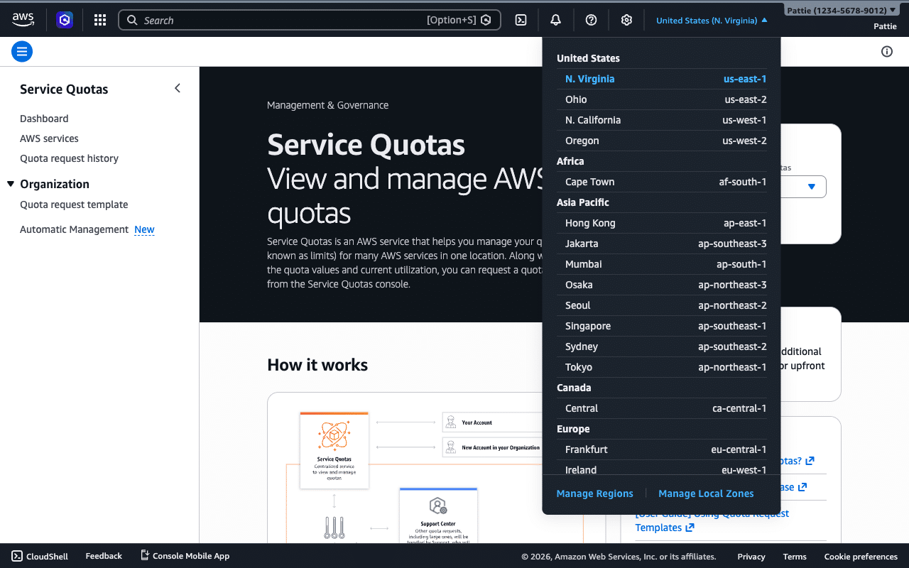Selecciona la región de AWS correspondiente
