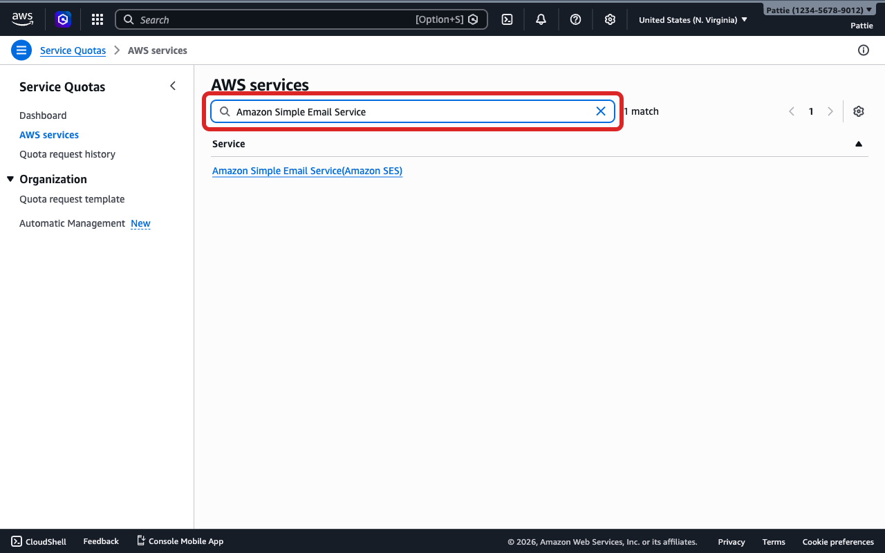Escribe «Amazon Simple Email Service» en la barra de búsqueda