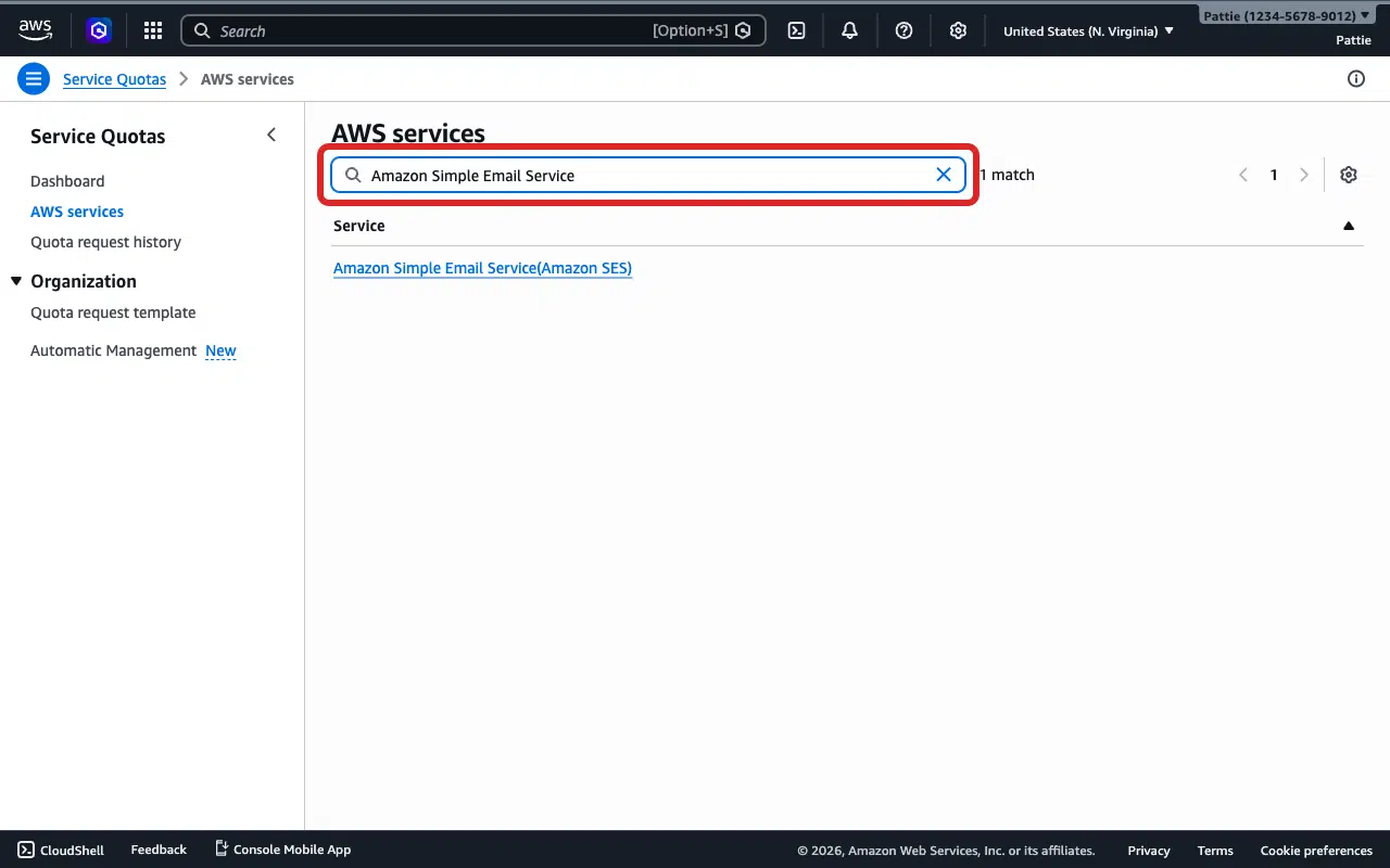 Type Amazon Simple Email Service in the search bar