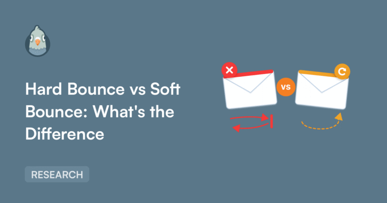 Header card: title 'Hard Bounce vs Soft Bounce: What's the Difference' with a left logo and two mail envelopes on the right illustrating bounce concepts.