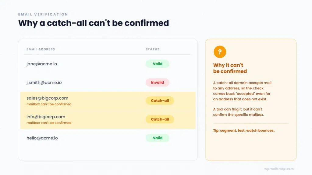 Email verification status table showing emails with Valid, Invalid, or Catch-all statuses using colored pills on the right side of each row.