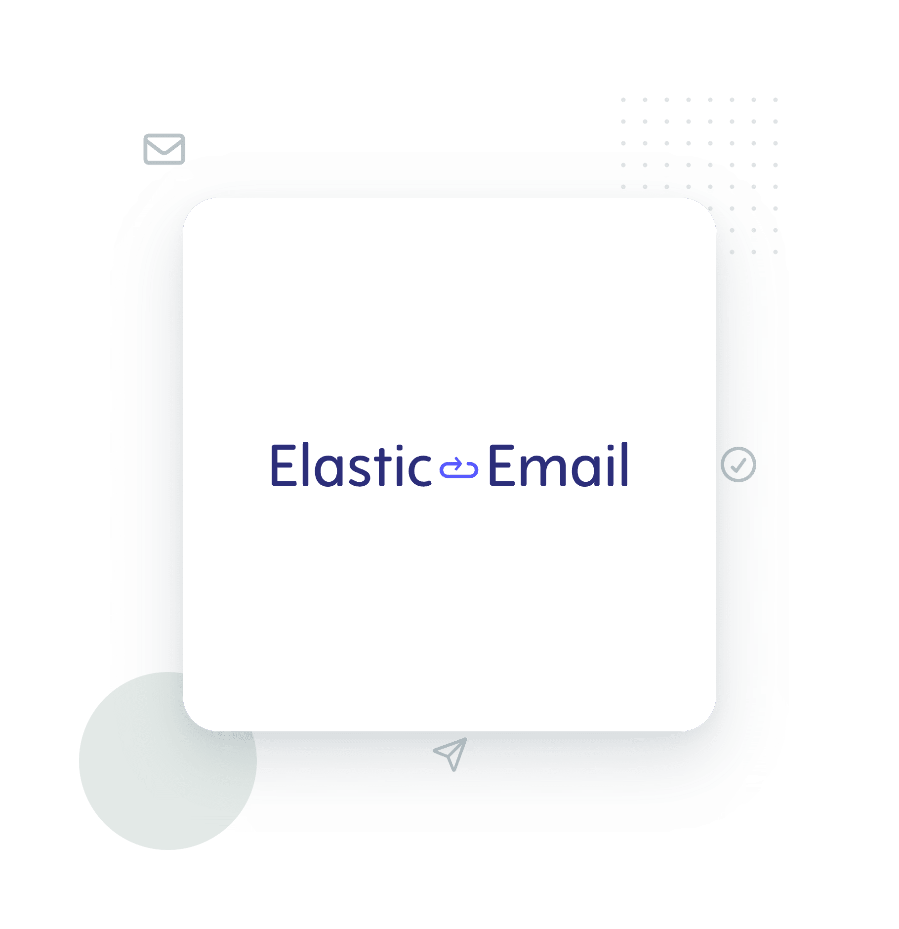 Decorative hero graphic showing a white rounded card with the text ‘Elastic Email’ and a small envelope icon on a teal-and-navy layered frame.