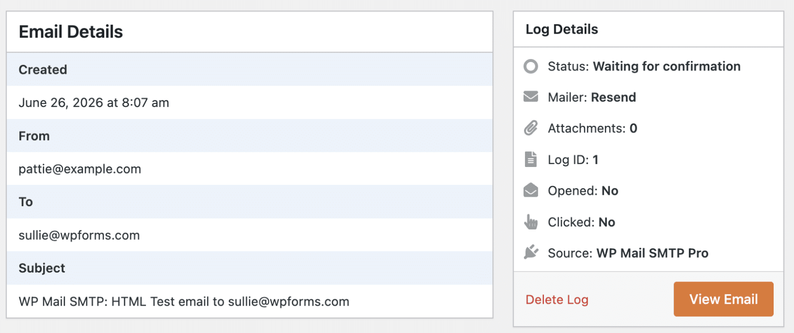 Open and click information in WordPress email log