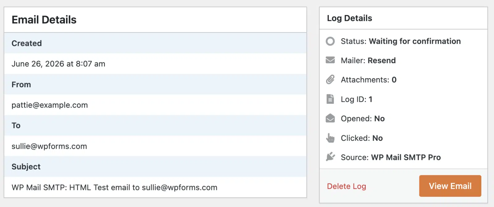 Open and click information in WordPress email log