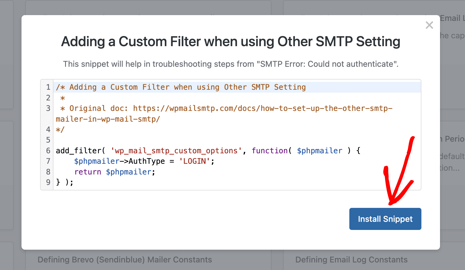 Install Snippet button