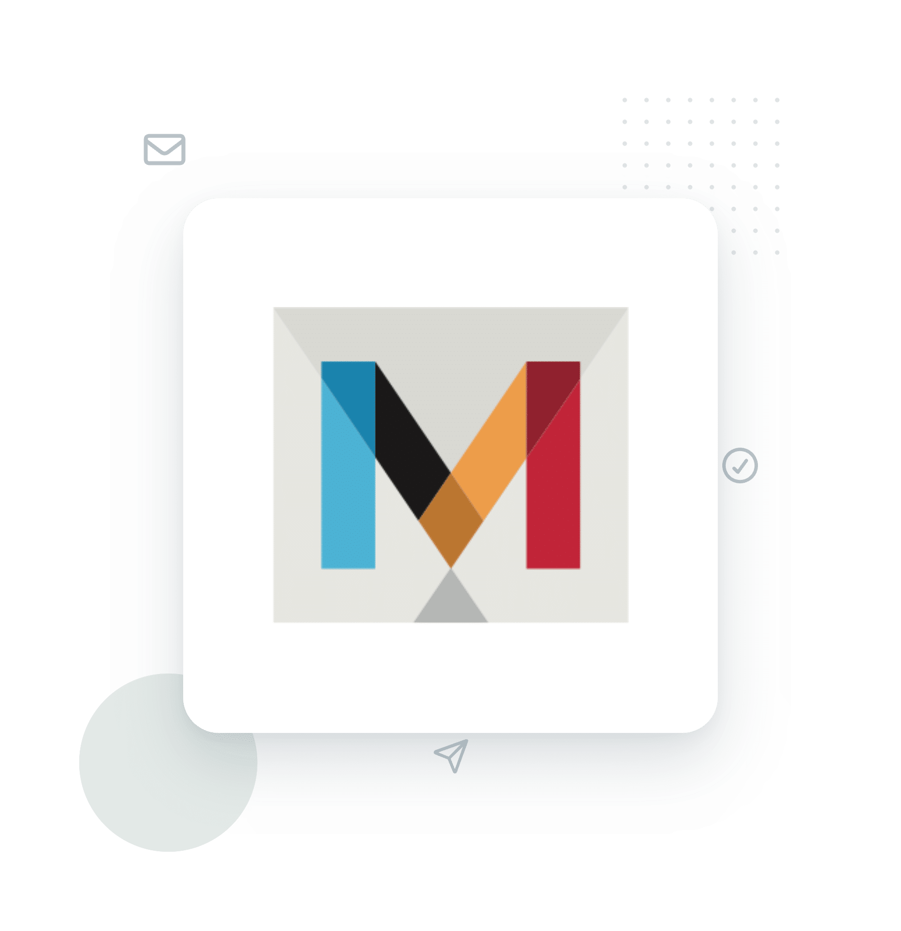 mandrill-hero2x - WP Mail SMTP Ilustración de dispositivo abstracto con un logotipo 'M' en color sobre un panel blanco y anillos decorativos de color verde azulado al fondo.