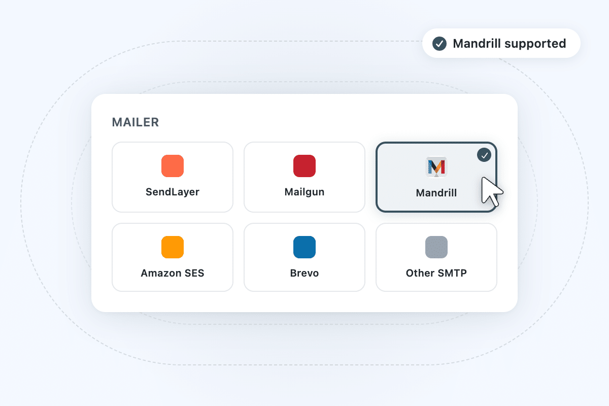mandrill-step2-choose2x - WP Mail SMTP Cuadrícula de proveedores de correo con Mandrill seleccionado; otras opciones son SendLayer, Mailgun, Amazon SES, Brevo y Otro SMTP.