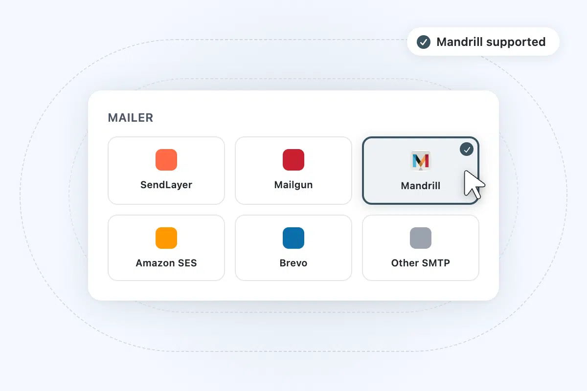 mandrill-step2-choose2x - WP Mail SMTP Mailer provider grid with Mandrill selected; other options are SendLayer, Mailgun, Amazon SES, Brevo, and Other SMTP.