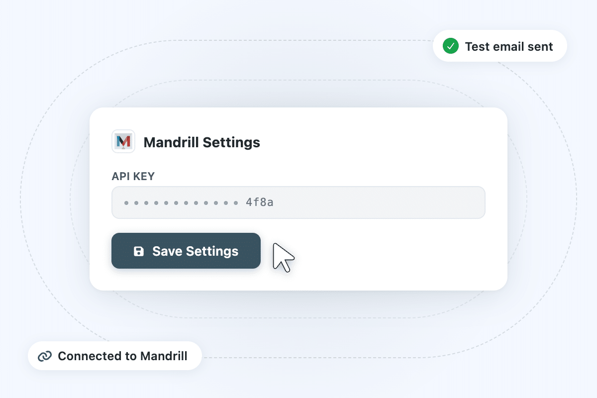 mandrill-step3-connect2x-1 - WP Mail SMTP Panel de configuración de Mandrill con clave API enmascarada y un botón prominente Guardar configuración, cursor cercano.