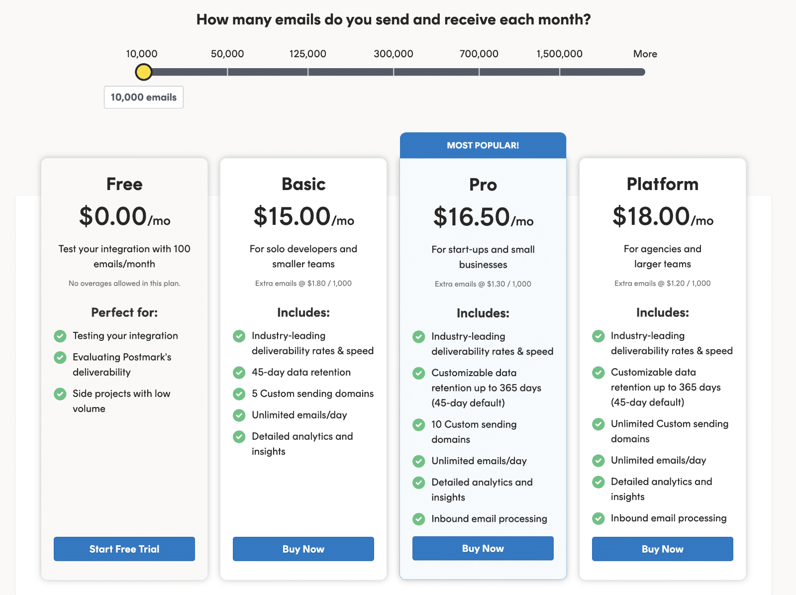 Postmark review: Pricing page
