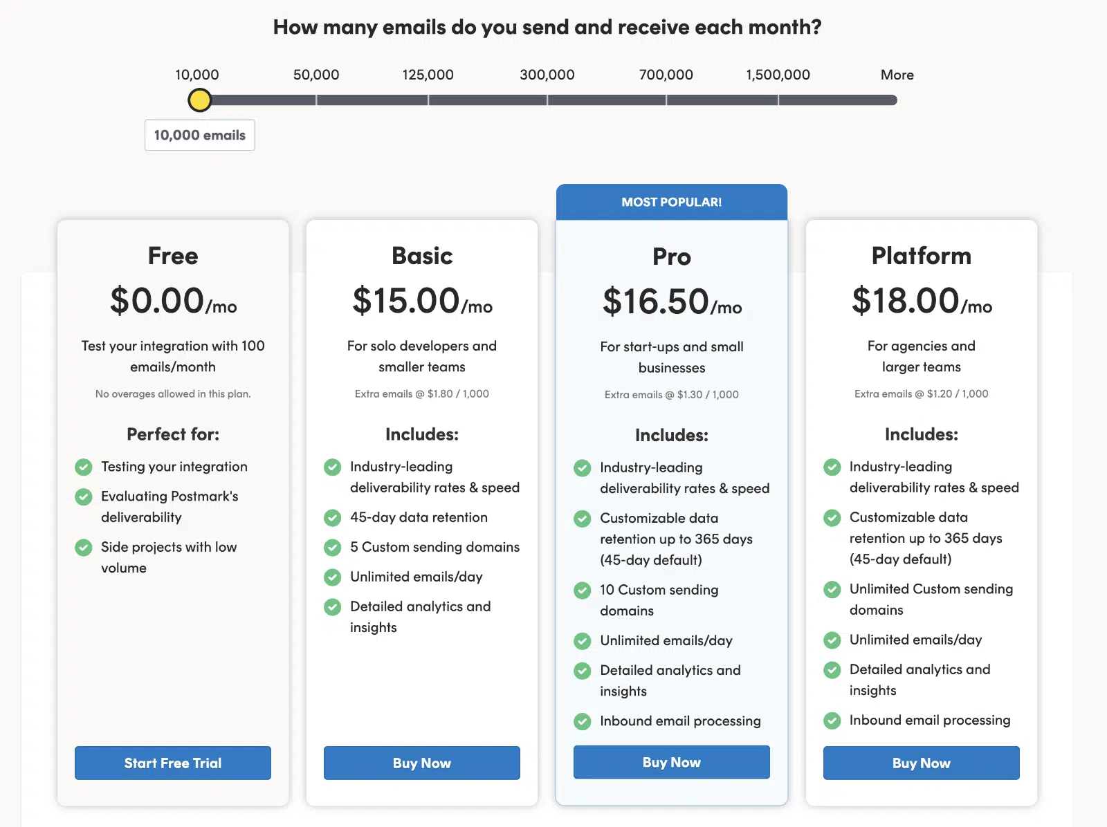 Postmark review: Pricing page