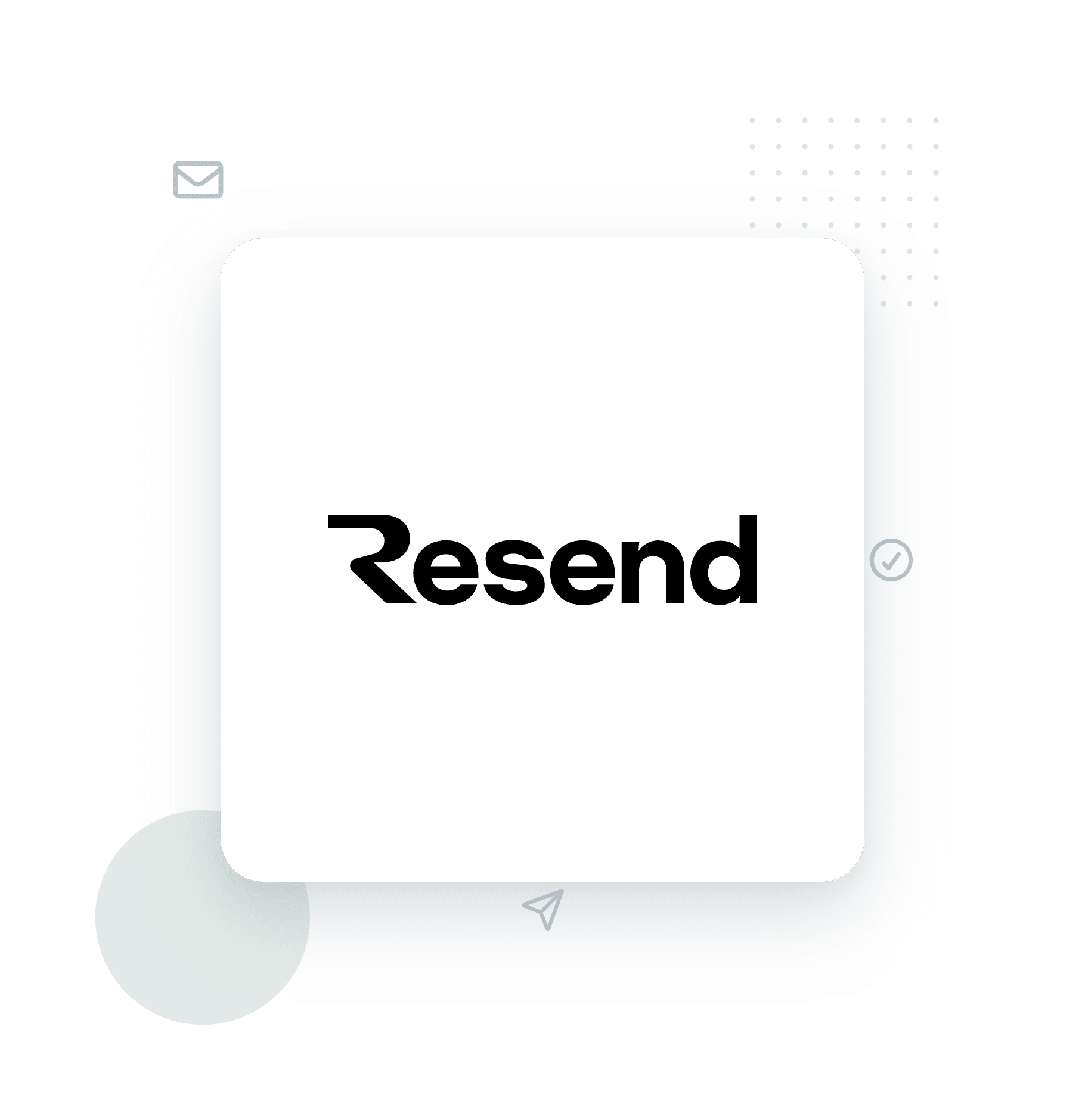 Mobile device frame with a white screen displaying the bold word 'Resend' and decorative teal rings around the edges, plus a small email icon at the top-left.