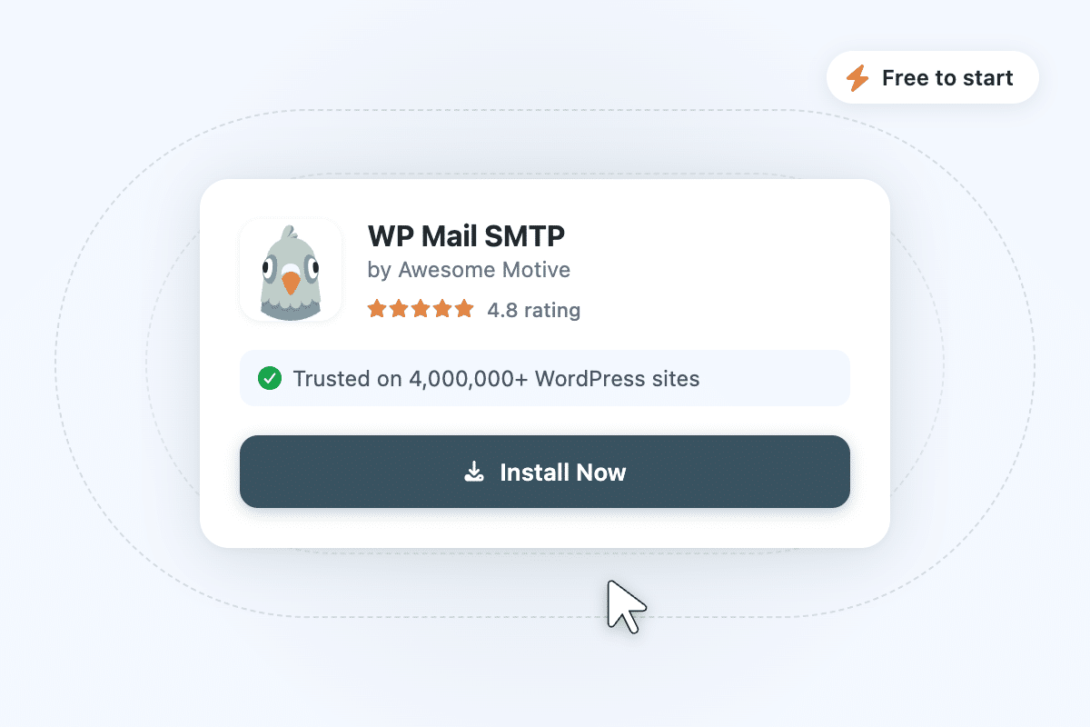 Product card for WP Mail SMTP by Awesome Motive showing avatar, 4.8 rating, and a badge'Trusted on 4,000,000+ WordPress sites' with an 'Install Now' button and a cursor below the card.