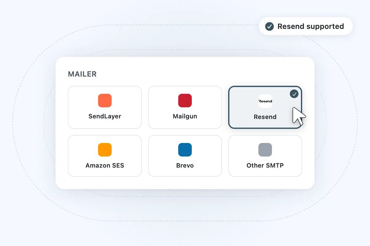 UI card titled 'Mailer' with six tile options: SendLayer, Mailgun, Resend (selected), Amazon SES, Brevo, and Other SMTP; a 'Resend supported' badge above.