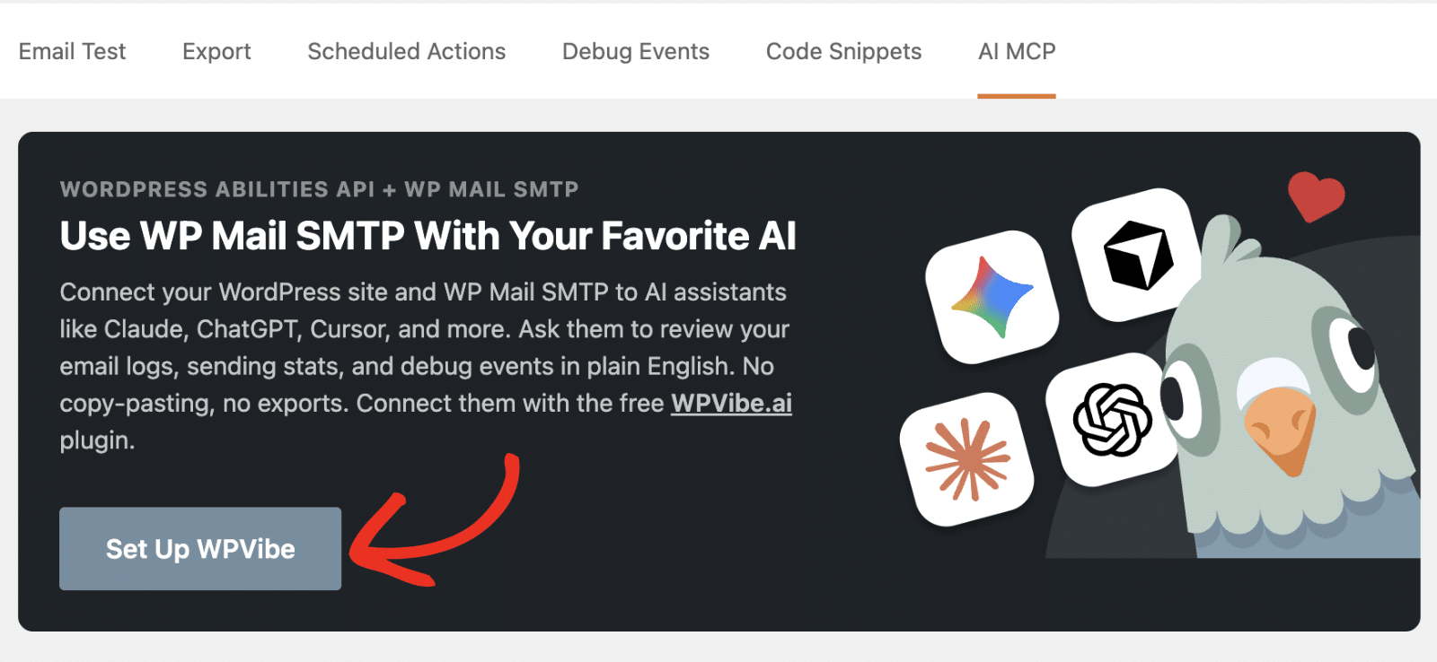 Die KI-MCP-Seite mit hervorgehobenem Button „WPVibe installieren und aktivieren“