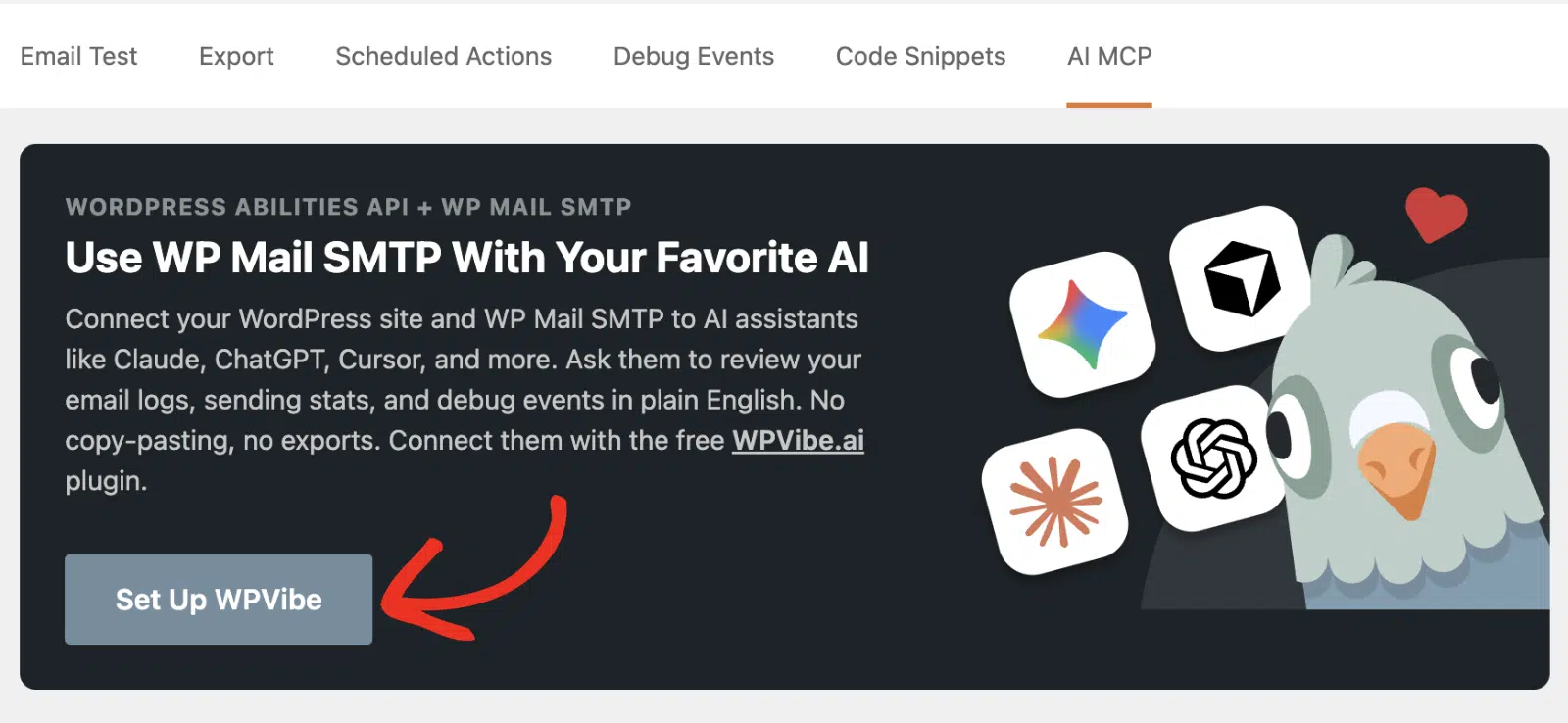 The AI MCP page with the Install and Activate WPVibe button highlighted