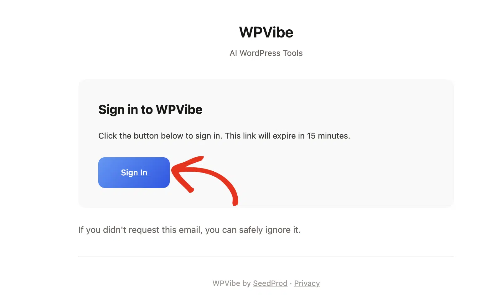 Magic link to sign in to WPVibe