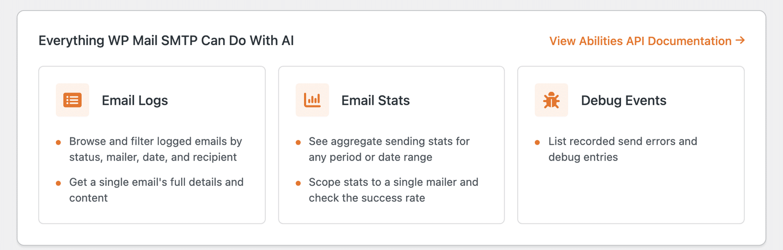 Die Seite WP Mail SMTP Tools mit ausgewähltem KI-MCP-Tab, die das Bedienfeld „WP Mail SMTP mit Ihrem bevorzugten KI-Assistenten verwenden“ und die Liste der Fähigkeiten anzeigt