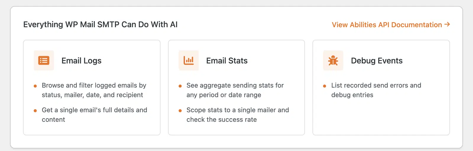 The WP Mail SMTP Tools page with the AI MCP tab selected, showing the Use WP Mail SMTP With Your Favorite AI panel and the list of abilities