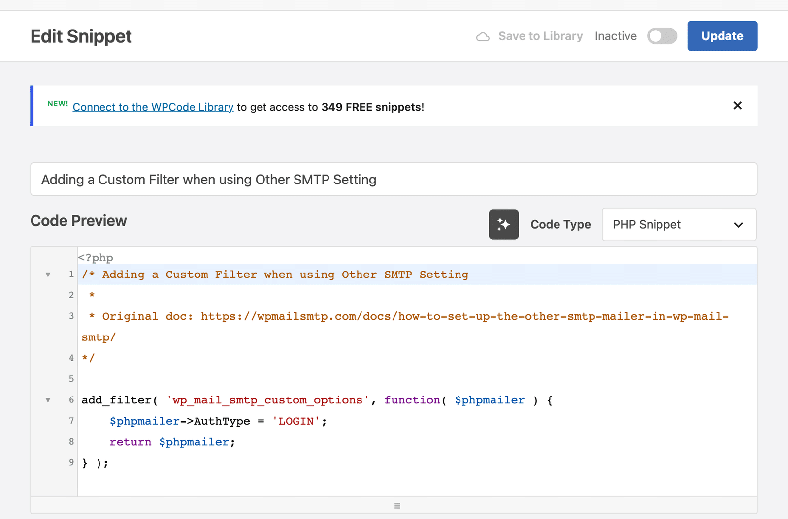 The WPCode editor showing the snippet title, Code Type, and code preview