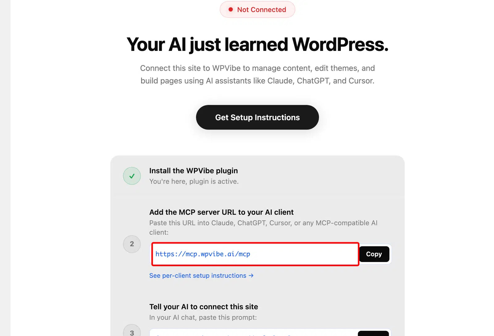 The WPVibe checklist showing the MCP server URL ready to copy