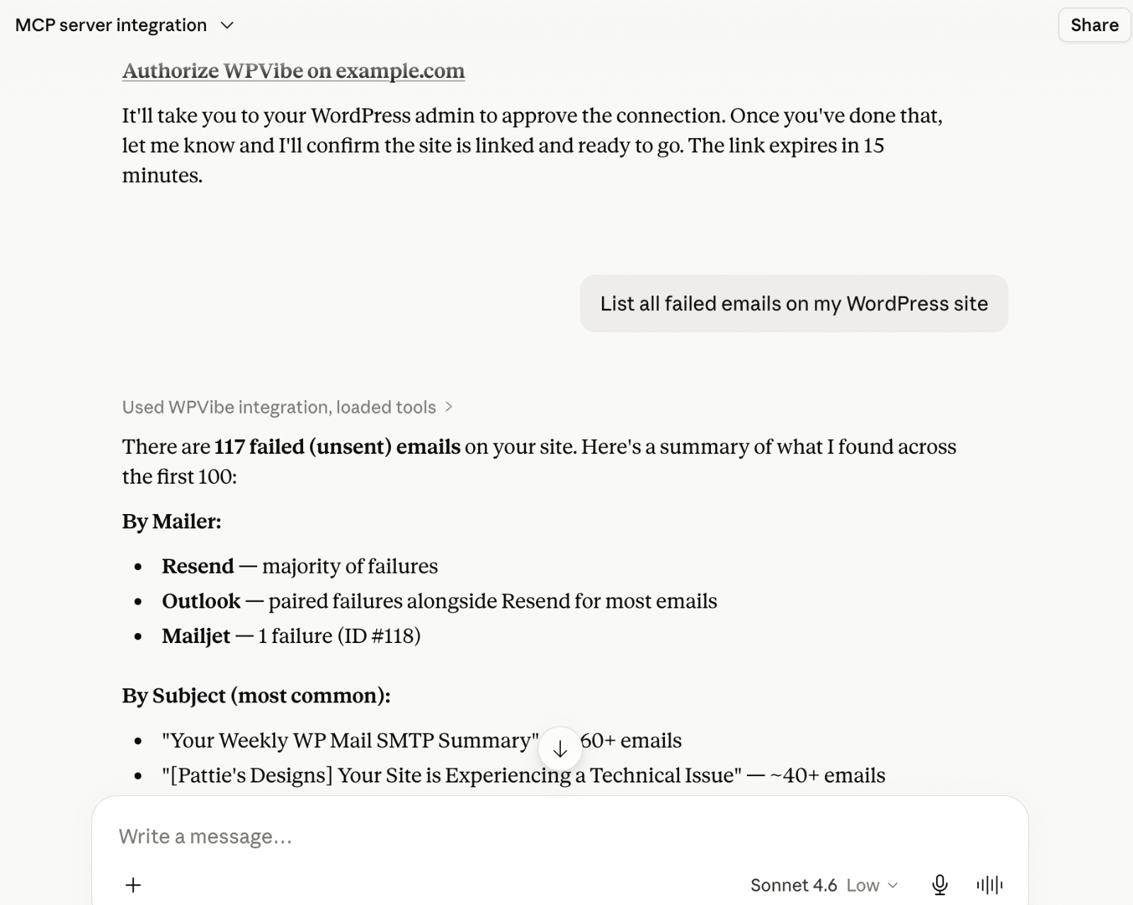 Ein KI-Assistenten-Chatfenster, das eine WP Mail SMTP-Eingabeaufforderung und die Antwort des Assistenten mit Details zum E-Mail-Protokoll anzeigt