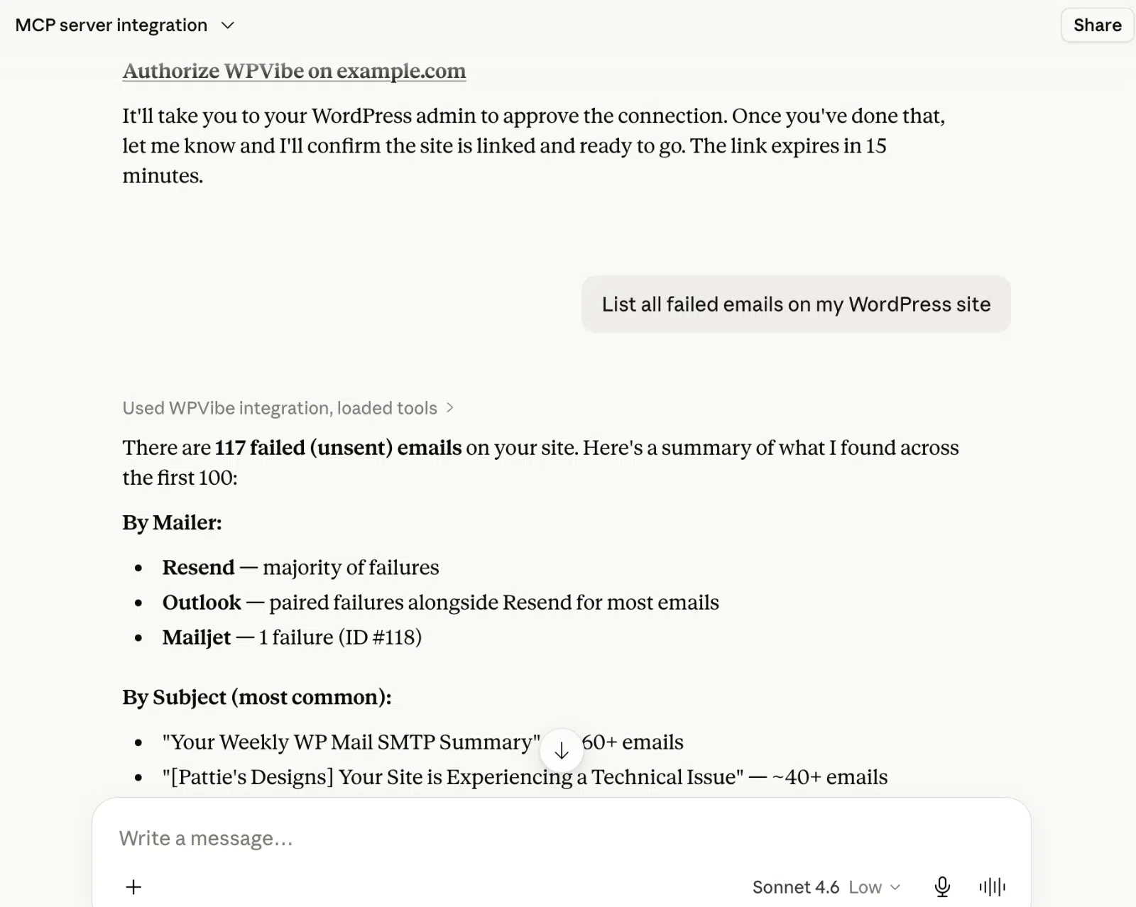 An AI assistant chat window showing a WP Mail SMTP prompt and the assistant's response with email log details