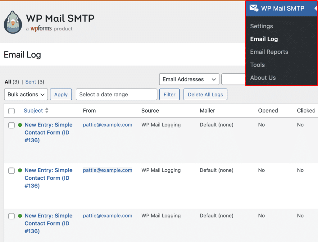 WP Mail SMTP email log showing the delivery status of each email sent from WordPress